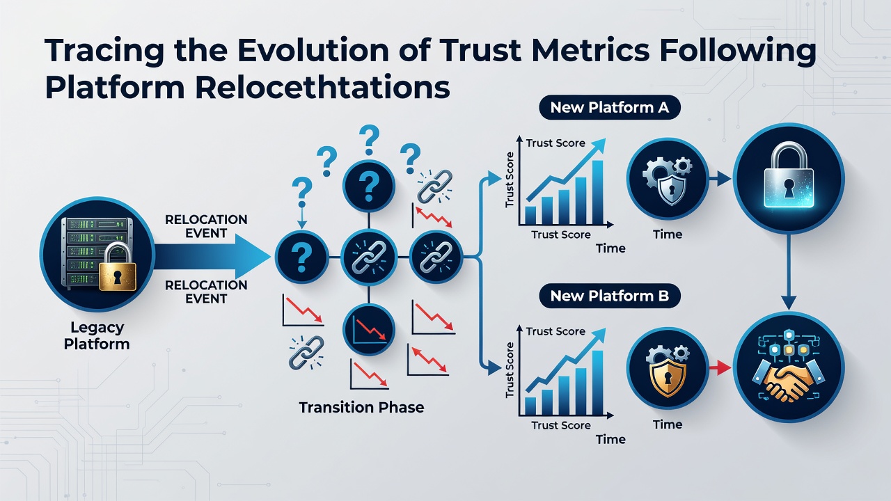 Infographic showing timeline of trust metric changes after platform infrastructure relocations with icons and data points